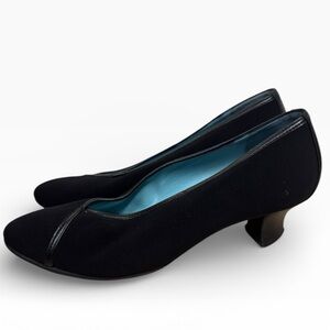 Thierry Rabotin Black Stretch Fabric Leather Mid Heel Pumps Womens 39.5 Size 9